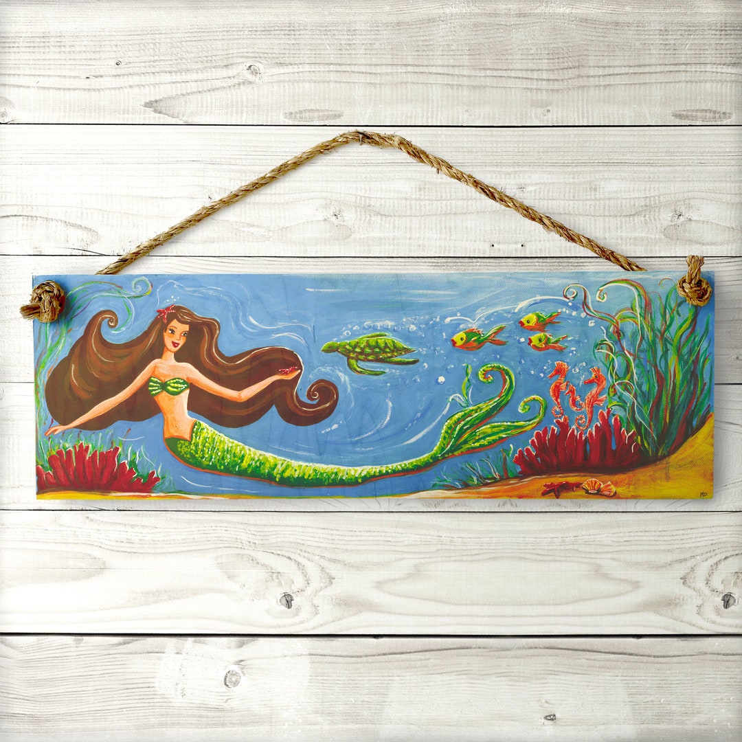 Vintage Mermaid Sign - Hawaii Mermaid Wood Sign With Fish, Sea Turtles ...