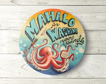 Mahalo for Washing Your Hands sign - Cute vintage Hawaii Octopus sign