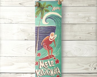 Surfing Santa Large Sign – Mele Kalikimaka Surf art Made in Hawaii