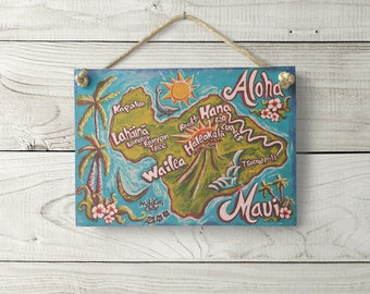 Aloha Maui Sign - Hawaiian Sign Tropical Beach Decor Surf Art