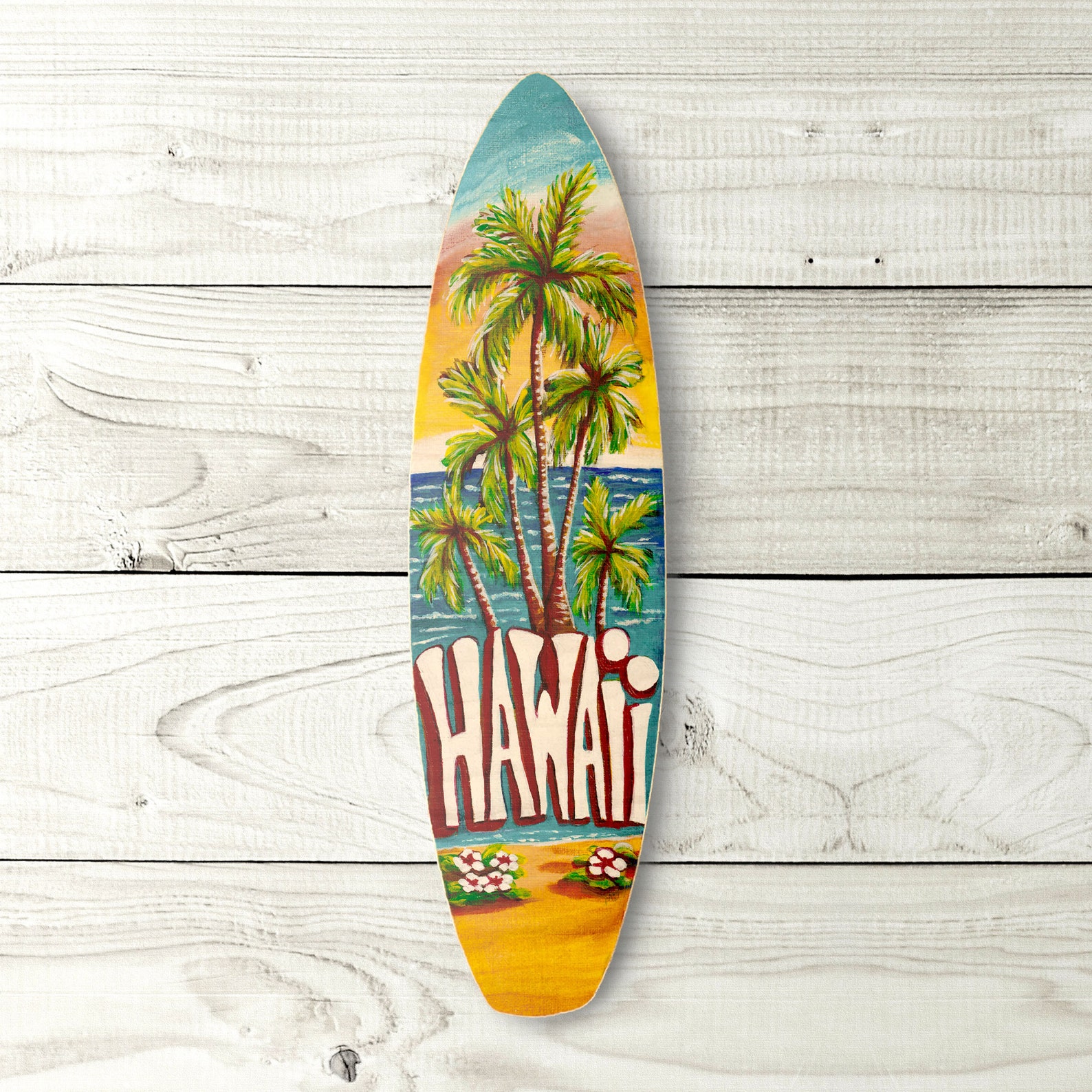 Colorful handpainted wooden surfboard artwork