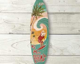 Surfing Santa Surfboard - Mele Kalikimaka = Merry Christmas, tropical, hawaiian wall decor
