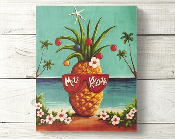 Mele Kalikimaka Pineapple Sign - Hawaii Christmas Art, 8x10
