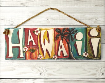 Vintage bord Hawaï - Vintage houten bord Hawaiiaans tropisch strand met touwhanger Manilla