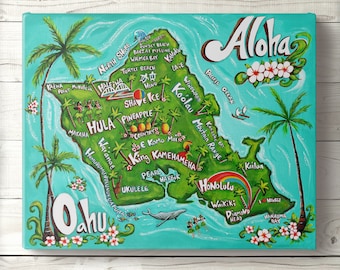 Island of Oahu Canvas Print – Hawaiian map, aloha, cute art