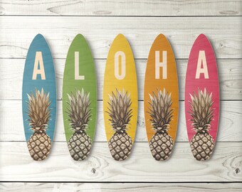 Aloha Surfboard Set - vintage, Hawaii pineapple surf art