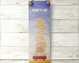 Surf's Up Large Sign - VW Bus, Kombi Van, Surfboard, Beach Art, Vintage Wood Sign with Manila Rope Hanger