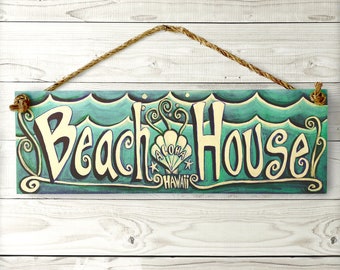 Bord strandhuis: vintage houten bord Hawaiiaans tropisch strand met touwhanger Manilla