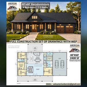 May include: A 40'x60' barndominium floor plan and exterior rendering featuring 4 bedrooms and 2.5 baths. The design includes a 2400 square foot heated living area, a full construction set of drawings with MEP, and a two-car garage layout.
