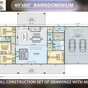 May include: A 40'x60' barndominium floor plan architectural drawing featuring a large great room, kitchen, dining area, four bedrooms, bathrooms, laundry room, and a two-car garage. The layout includes a vaulted rear porch and front entry porch.