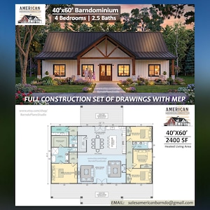 May include: A 40'x60' barndominium house plan featuring 4 bedrooms and 2.5 baths with 2400 square feet of heated living area. The image displays a front exterior rendering and a detailed floor plan layout including a great room and kitchen.
