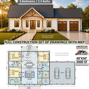 May include: A 40'x50' barndominium house plan featuring 3 bedrooms and 2.5 baths with 2000 square feet of heated living area. The image displays a white exterior with a dark metal roof, a two-car garage, and a detailed floor plan layout.