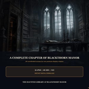 May include: A digital collection titled A COMPLETE CHAPTER OF BLACKTHORN MANOR featuring 24 coordinated scenes of a dark library with tall windows, bookshelves, and a table. The text includes 24 JPGS, 4K UHD, 16:9, and THE HAUNTED LIBRARY AT BLACKTHORN MANOR.
