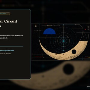 May include: A digital graphic titled Lunar Circuit Atlas featuring a crescent moon in cream tones against a deep space black background. The artwork includes cyan and white geometric navigation lines, a blue semi-circle, and small circular elements.