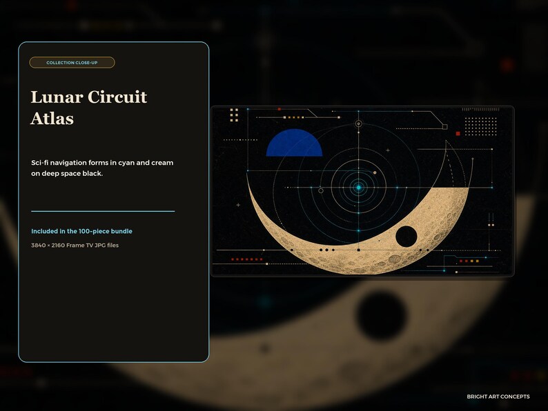 May include: A digital graphic titled Lunar Circuit Atlas featuring a crescent moon in cream tones against a deep space black background. The artwork includes cyan and white geometric navigation lines, a blue semi-circle, and small circular elements.