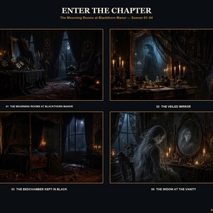 May include: A collection of four dark, atmospheric digital art scenes titled ENTER THE CHAPTER: The Mourning Rooms at Blackthorn Manor. The panels depict a dimly lit room, a veiled mirror, a black bedchamber, and a widow at a vanity with candles.