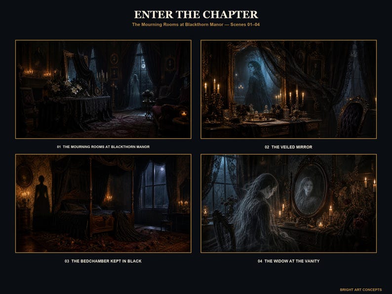 May include: A collection of four dark, atmospheric digital art scenes titled ENTER THE CHAPTER: The Mourning Rooms at Blackthorn Manor. The panels depict a dimly lit room, a veiled mirror, a black bedchamber, and a widow at a vanity with candles.