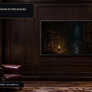May include: A wall-mounted television displaying a dark library scene titled "SCENE 18 BLACK MOTHS IN THE STACKS" with a single candle illuminating a swarm of moths. A brown leather armchair sits in the foreground against dark wood paneled walls.
