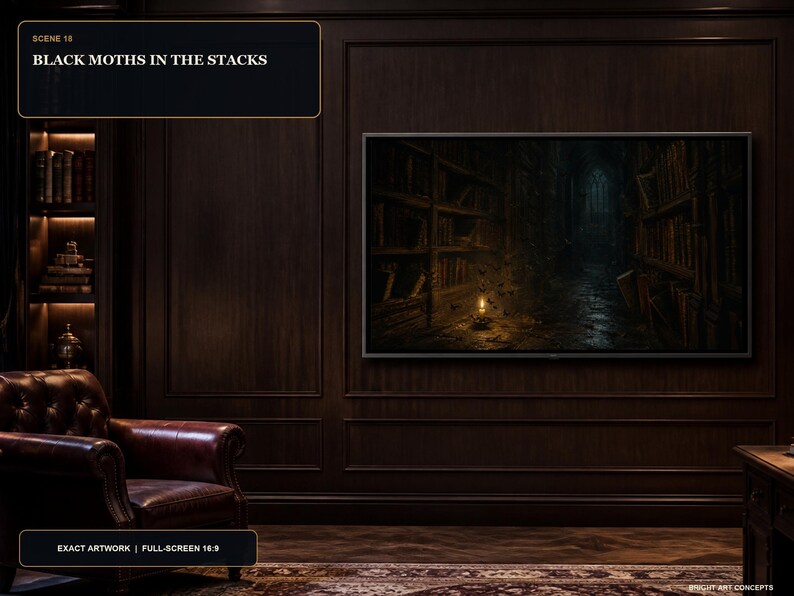May include: A wall-mounted television displaying a dark library scene titled "SCENE 18 BLACK MOTHS IN THE STACKS" with a single candle illuminating a swarm of moths. A brown leather armchair sits in the foreground against dark wood paneled walls.