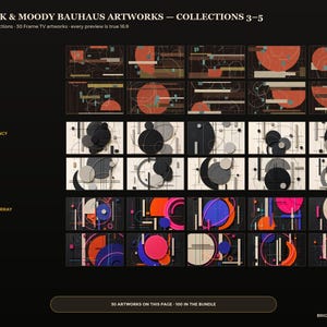 May include: A digital collection titled 100 Dark & Moody Bauhaus Artworks featuring three sets: Oxide Cinema with orange and brown geometric shapes, Carbon Frequency with black and gray circles, and Neon Thermal Array with vibrant pink and blue accents.