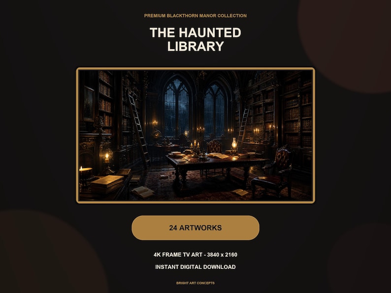 May include: A digital art collection titled The Haunted Library from the Premium Blackthorn Manor Collection. It features 24 artworks in 4K resolution at 3840 x 2160 pixels, depicting a dark, candlelit library with tall bookshelves and arched windows.