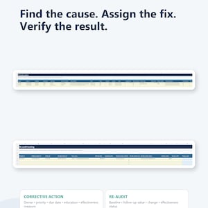 May include: A digital template titled BRIGHTARTCONCEPTS featuring the text Find the cause. Assign the fix. Verify the result. It displays two spreadsheet tables labeled Corrective actions and Re-audit tracking with columns for data entry.