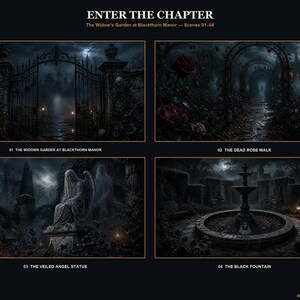 May include: A collection of four dark, atmospheric digital illustrations titled ENTER THE CHAPTER, The Widow's Garden at Blackthorn Manor &mdash; Scenes 01-04. The images depict a wrought iron gate, a rose-lined path, a veiled angel statue, and a stone fountain.