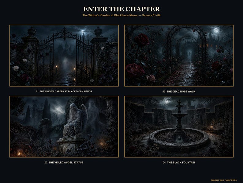 May include: A collection of four dark, atmospheric digital illustrations titled ENTER THE CHAPTER, The Widow's Garden at Blackthorn Manor &mdash; Scenes 01-04. The images depict a wrought iron gate, a rose-lined path, a veiled angel statue, and a stone fountain.