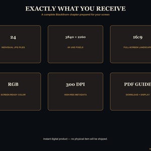 May include: A digital product information graphic with a black background and gold text. It lists specifications including 24 individual JPG files, 3840 x 2160 4K UHD pixels, 16:9 full-screen landscape, RGB screen-ready color, 300 DPI, and a PDF guide.