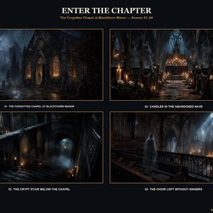 May include: A digital art print titled ENTER THE CHAPTER featuring four scenes of The Forgotten Chapel at Blackthorn Manor. The panels depict a dark exterior, a candlelit nave, a stone crypt staircase, and a choir loft with a ghostly figure.