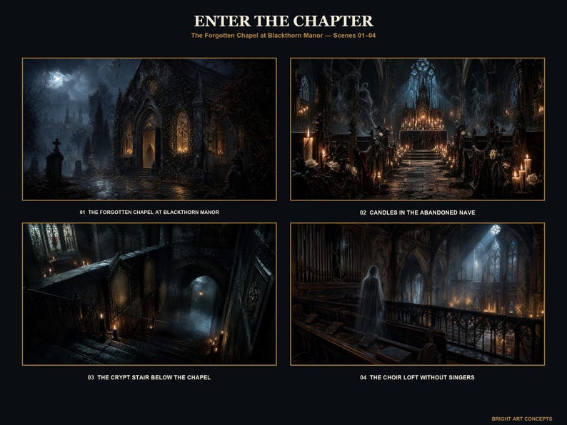 May include: A digital art print titled ENTER THE CHAPTER featuring four scenes of The Forgotten Chapel at Blackthorn Manor. The panels depict a dark exterior, a candlelit nave, a stone crypt staircase, and a choir loft with a ghostly figure.