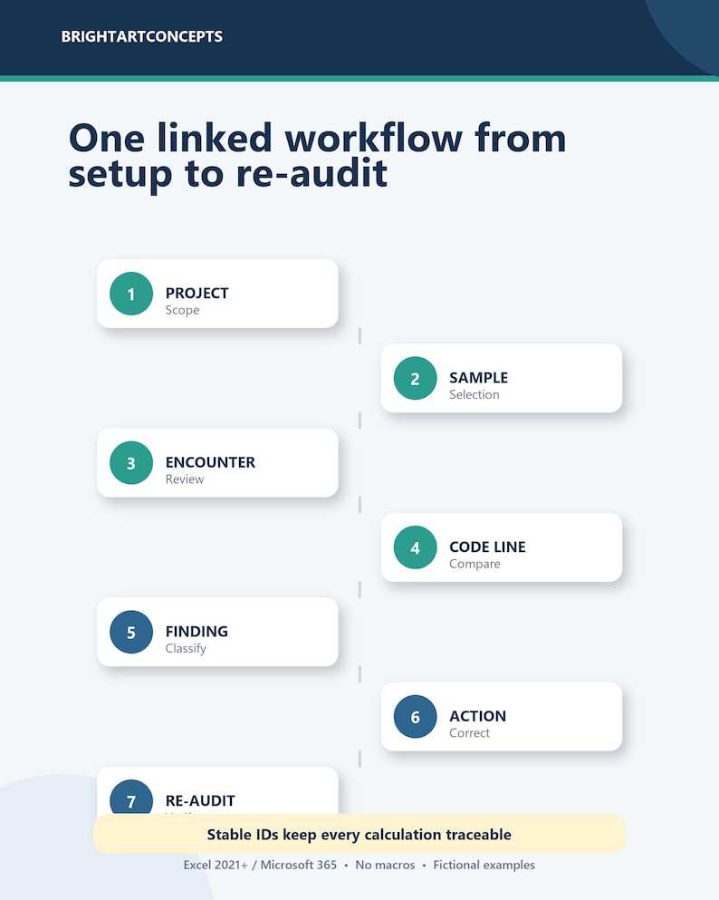 May include: A vertical infographic titled One linked workflow from setup to re-audit by BRIGHTARTCONCEPTS. It displays seven numbered steps in teal circles connected by a dashed line, detailing a process from project scope to re-audit.