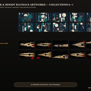 May include: A digital display showing 100 Dark & Moody Bauhaus Artworks, collections 6-7. The page features 20 Frame TV artworks in 16:9 ratio, categorized into Petroleum Blue and Nocturne Interface Tower, with text labels and a bottom button.