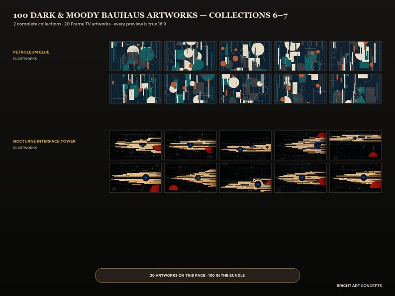 May include: A digital display showing 100 Dark & Moody Bauhaus Artworks, collections 6-7. The page features 20 Frame TV artworks in 16:9 ratio, categorized into Petroleum Blue and Nocturne Interface Tower, with text labels and a bottom button.