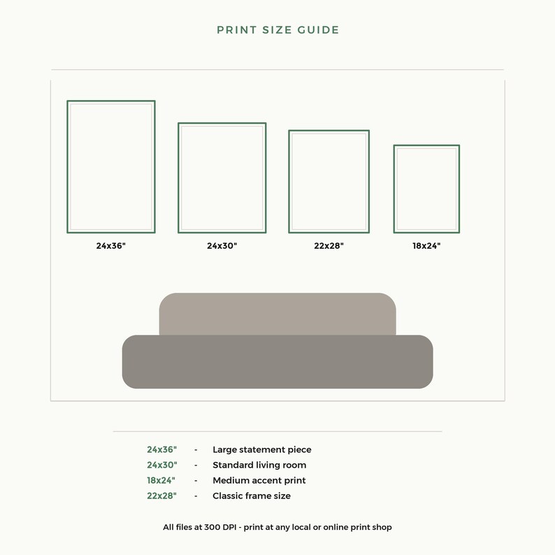 May include: A print size guide featuring four rectangular outlines labeled 24x36", 24x30", 22x28", and 18x24" above a sofa icon. Text lists sizes with descriptions: 24x36" large statement piece, 24x30" standard living room, 18x24" medium accent print, 22x28" classic frame size. All files at 300 DPI.