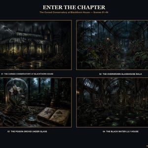 May include: A digital art print titled ENTER THE CHAPTER featuring four dark, atmospheric scenes of The Cursed Conservatory at Blackthorn House. The panels depict a gothic glasshouse, an overgrown walkway, a poison orchid, and a black water lily house.