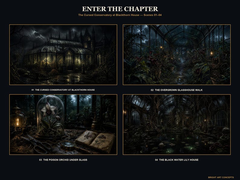 May include: A digital art print titled ENTER THE CHAPTER featuring four dark, atmospheric scenes of The Cursed Conservatory at Blackthorn House. The panels depict a gothic glasshouse, an overgrown walkway, a poison orchid, and a black water lily house.