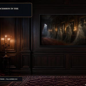 May include: A framed digital artwork titled SCENE 16 THE PROCESSION IN THE FRAMES displayed on a dark wood paneled wall. The artwork depicts translucent figures in formal attire walking through a dimly lit hallway with lit candles and wall portraits.