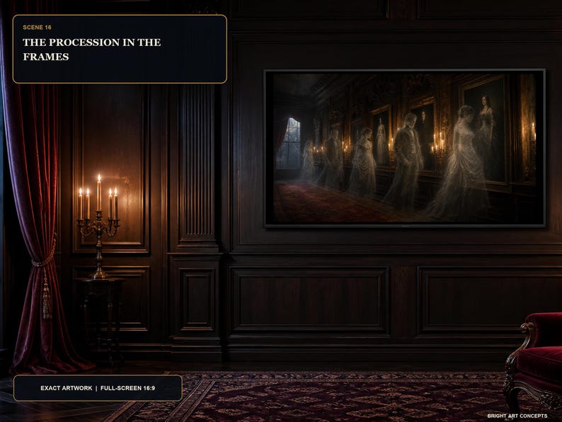 May include: A framed digital artwork titled SCENE 16 THE PROCESSION IN THE FRAMES displayed on a dark wood paneled wall. The artwork depicts translucent figures in formal attire walking through a dimly lit hallway with lit candles and wall portraits.