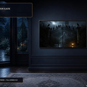 May include: A rectangular wall art piece titled The Raven Gate, featuring a dark, atmospheric scene of a wrought iron gate topped with black ravens under a full moon, displayed in a dark blue room with a large window and a patterned area rug.