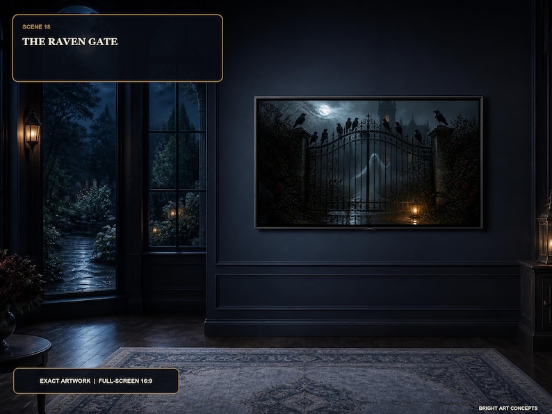 May include: A rectangular wall art piece titled The Raven Gate, featuring a dark, atmospheric scene of a wrought iron gate topped with black ravens under a full moon, displayed in a dark blue room with a large window and a patterned area rug.