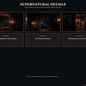 May include: A digital display titled SUPERNATURAL DETAILS featuring three dark, atmospheric scenes labeled SCENE 09 THE MIRROR ON THE LANDING, SCENE 18 THE VEILED PORTRAIT, and SCENE 23 THE ROOM THAT WAS NOT THERE, with text at the bottom reading BRIGHT ART CONCEPTS.