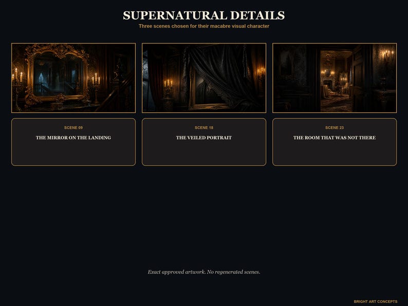 May include: A digital display titled SUPERNATURAL DETAILS featuring three dark, atmospheric scenes labeled SCENE 09 THE MIRROR ON THE LANDING, SCENE 18 THE VEILED PORTRAIT, and SCENE 23 THE ROOM THAT WAS NOT THERE, with text at the bottom reading BRIGHT ART CONCEPTS.