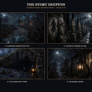 May include: A digital art print titled THE STORY DEEPENS, The Widow's Garden at Blackthorn Manor, featuring four dark, atmospheric scenes labeled 13 THE BROKEN CONSERVATORY PATH, 14 THE ROW OF THORNED STATUES, 15 THE FLOODED CRYPT STEPS, and 16 THE WIDOWS LANTERN.