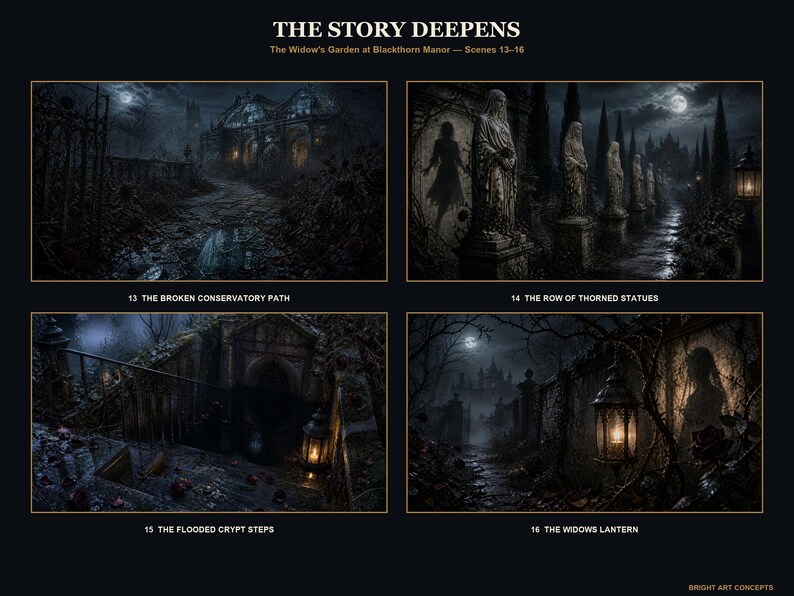 May include: A digital art print titled THE STORY DEEPENS, The Widow's Garden at Blackthorn Manor, featuring four dark, atmospheric scenes labeled 13 THE BROKEN CONSERVATORY PATH, 14 THE ROW OF THORNED STATUES, 15 THE FLOODED CRYPT STEPS, and 16 THE WIDOWS LANTERN.