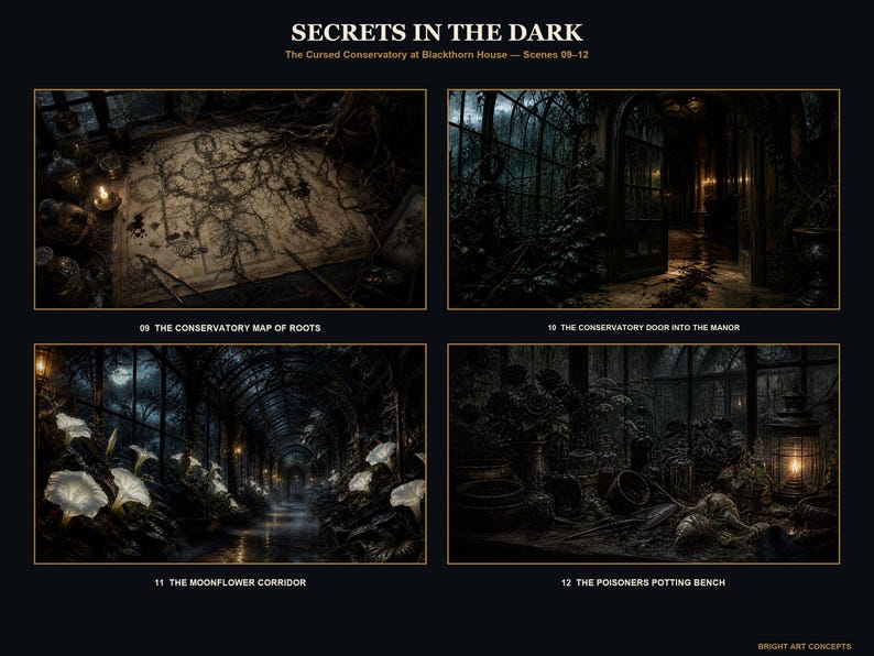 May include: A digital art print titled SECRETS IN THE DARK featuring four dark, atmospheric scenes from The Cursed Conservatory at Blackthorn House. The panels depict a root map, a manor door, a moonflower corridor, and a potting bench in dim lighting.