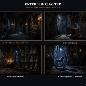 May include: A four-panel digital art print titled ENTER THE CHAPTER: The Nursery Wing at Blackthorn Manor &mdash; Scenes 01-04. The panels depict a dark, moody nursery with a cradle, a cabinet filled with porcelain dolls, and a rocking horse by a window.