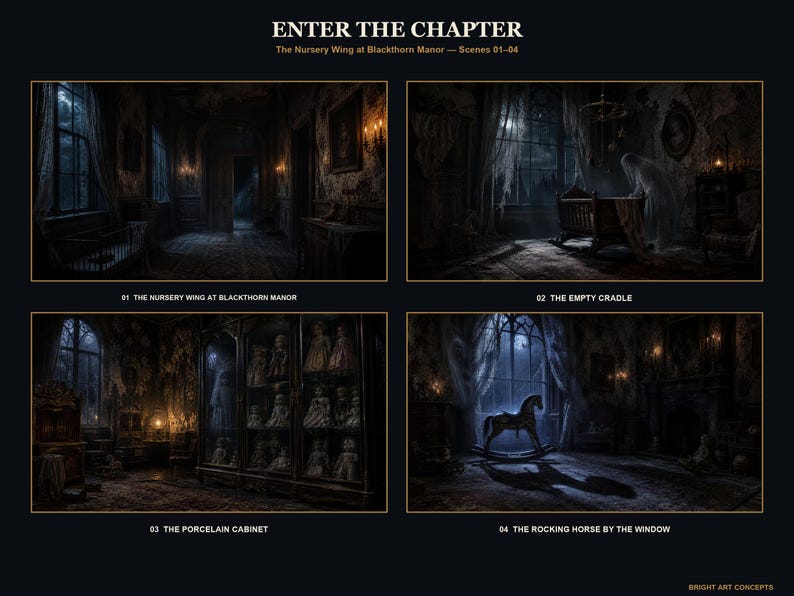May include: A four-panel digital art print titled ENTER THE CHAPTER: The Nursery Wing at Blackthorn Manor &mdash; Scenes 01-04. The panels depict a dark, moody nursery with a cradle, a cabinet filled with porcelain dolls, and a rocking horse by a window.