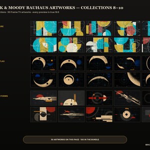 May include: A digital display of 30 graphic artworks titled 100 DARK & MOODY BAUHAUS ARTWORKS &mdash; COLLECTIONS 8-10. The grid features three sections: Negative Exposure with teal and yellow shapes, Lunar Circuit Atlas with crescent moons, and Graphite Signal Forms with red and black geometric lines.