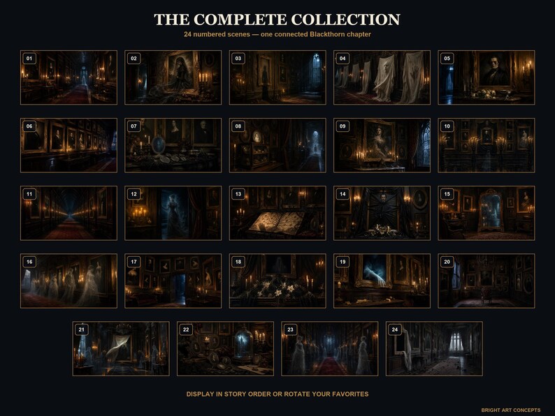 May include: A collection of 24 numbered dark, atmospheric scenes titled THE COMPLETE COLLECTION, 24 numbered scenes &mdash; one connected Blackthorn chapter. The grid displays various gothic interior settings with portraits, candles, and ghostly figures.
